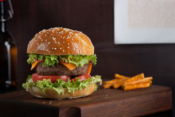 Hamburger with fried sweet potatoes