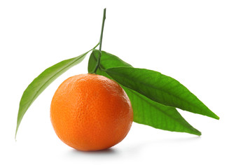 Ripe tangerine with green leaves isolated on white