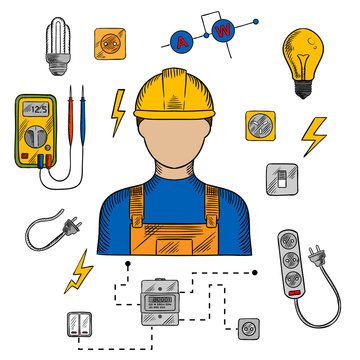 Electrician man, tools and equipment