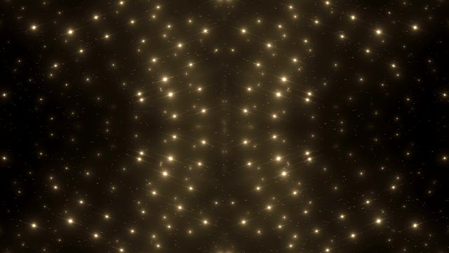 Fractal gold kaleidoscopic background with brilliant particles. Disco spectrum lights concert spot bulb.