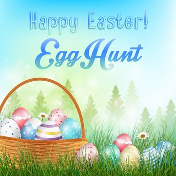 Easter eggs in the basket  Background with field of trees and colored eggs in the grass