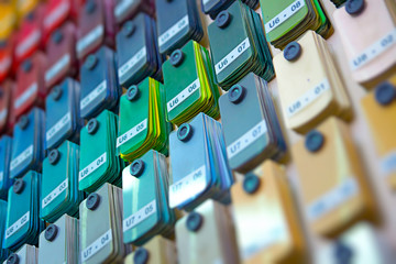 Stand of paint samples choosing color for painting car, closeup. Choosing the right color before...