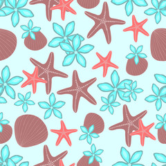 starfish, seashells and flowers seamless background