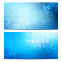 Vector horizontal banners set with polygonal abstract shapes, with circles, lines, triangles. Polygonal banners