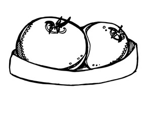 Vector illustration of ripe tomato with stem attached and single tomato flower lying on the right.