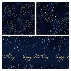 set of festive birthday firework seamless pattern bursting in various shapes sparkling on black background vector
