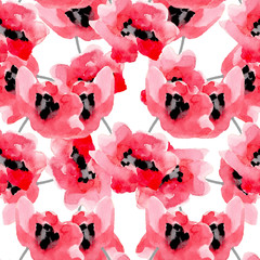 Watercolor flowers red poppy seamless pattern. 