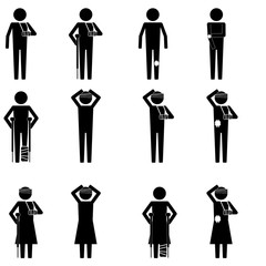 Men and women injury type with leg, arm, & head sign symbol vector pictogram infographic