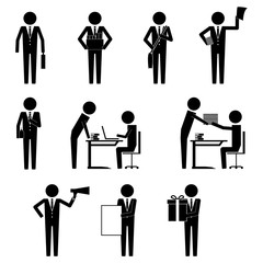 Businessman with various activity and item in office hour icon symbol pictogram vector info graphic
