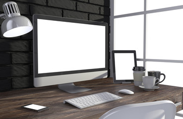 Fototapeta premium 3D illustration PC screen on table in office, Workspace