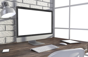 Fototapeta premium 3D illustration PC screen on table in office, Workspace