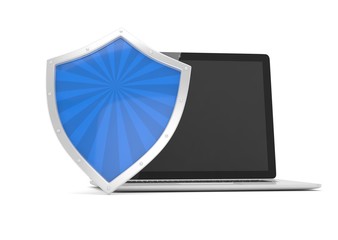 Laptop and shield on white, computer security concept