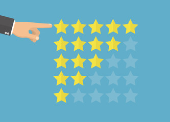 Rate stars with a hand pointing to five star rating. Flat style