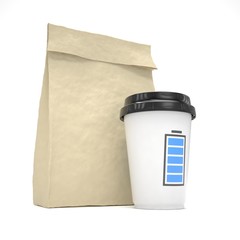 Coffee to go and lunch bag, on white.