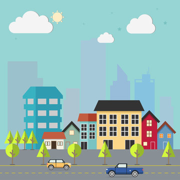 Town flat design urban landscape illustration. Cityscape sets with various parts of a city: small towns or suburbs and downtown silhouettes.
