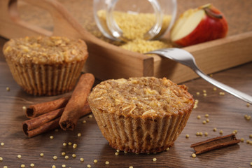 Fresh muffins with millet groats, cinnamon and apple baked with wholemeal flour, delicious healthy dessert
