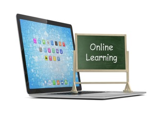  Laptop with chalkboard, online education concept