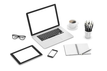 Responsive mockup screens. Laptop, tablet, phone on table 