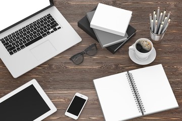 laptop and office stuff, workplace, top view