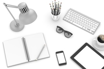 office stuff on table, workplace, top view