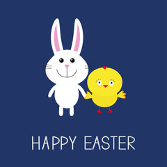 Obraz na płótnie Canvas Happy Easter. Cute bunny rabbit and chicken. Round frame. Flat design.