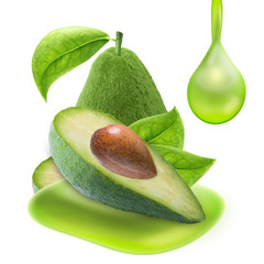 Avocado slices and drop oil isolated with clipping path