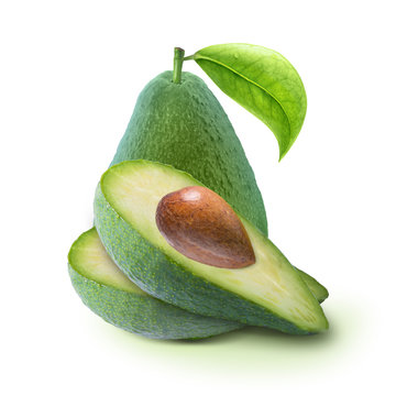 Cut avocado with leaf isolated on white
