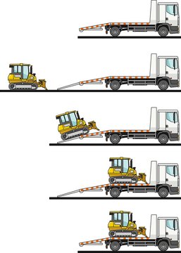 Set of auto transporter and dozer isolated on white background in flat style in different positions. Vector illustration.