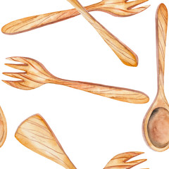 A seamless pattern with the isolated wooden kitchenware: scapula, spoon, fork. Painted in watercolor on a white background.