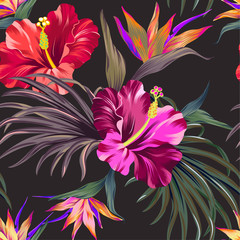 vector tropical pattern. Seamless design with hihiscus, palm, bird of paradise. Intense colors, vintage style - 102795728
