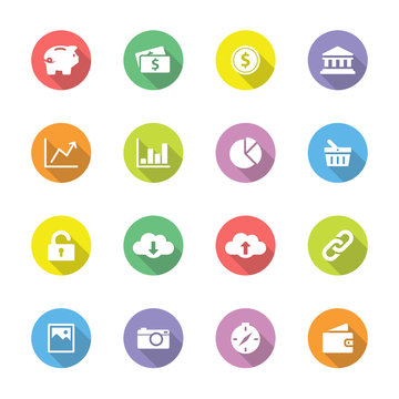 Colorful simple flat icon set 4 on circle with long shadow for web design, user interface (UI), infographic and mobile application (apps)