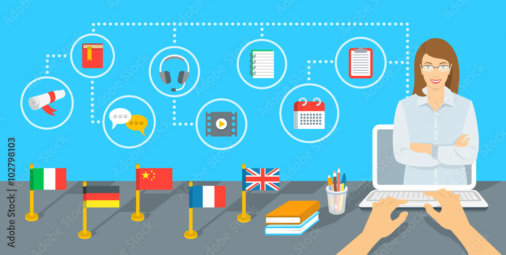 Fototapete online internet language courses flat vector infographic element. foreign languages study using comp