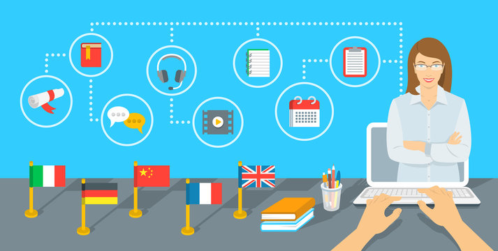 Online Internet language courses flat vector infographic element. Foreign languages study using computer. English teacher with education icons and flags of different countries standing on a table