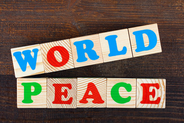 the word from children's wooden blocks with colorful letters on wooden table