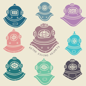 Vector retro diving helmets set