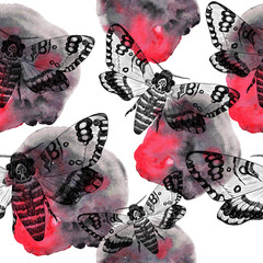 Death's-head moth pattern with watercolor stains on white background