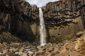 Svartifoss waterfall, Iceland, south coast, inside the national park of skaftafell on the hiking path