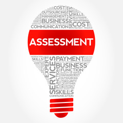 Assessment bulb word cloud, business concept