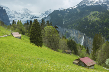 Hut and waterfall in Lauterbrunnen, Switzerland