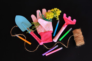 Gardening tools, children gardening shovel, rake, rope and spring yellow flowers