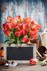 Beautiful tulips bouquet, easter eggs  and garden tools on woode