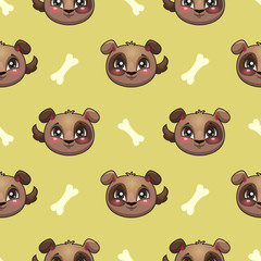 Seamless pattern with funny dog faces and bones