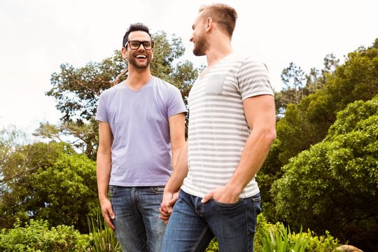 Smiling gay couple looking at each other 