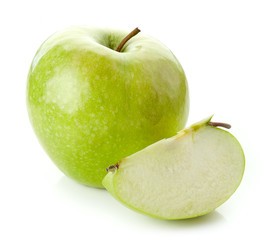 Green apple with slice on white background