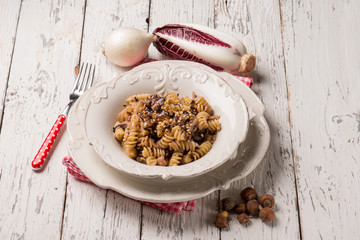 pasta with chicory and hazelnut