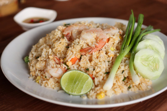 Fried rice recipe with shrimp, Asian cuisine.