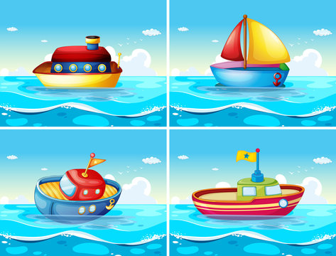 Four different types of boats floating on the sea