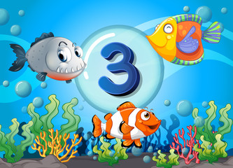 Fototapeta na wymiar Flashcard number three with 3 fish underwater