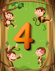 Number four with 4 monkeys on the tree