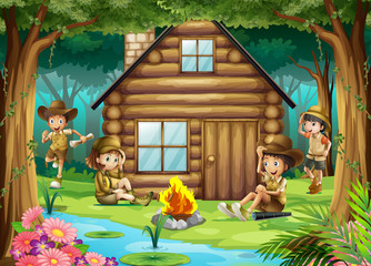 Boys and girls camping out in the woods